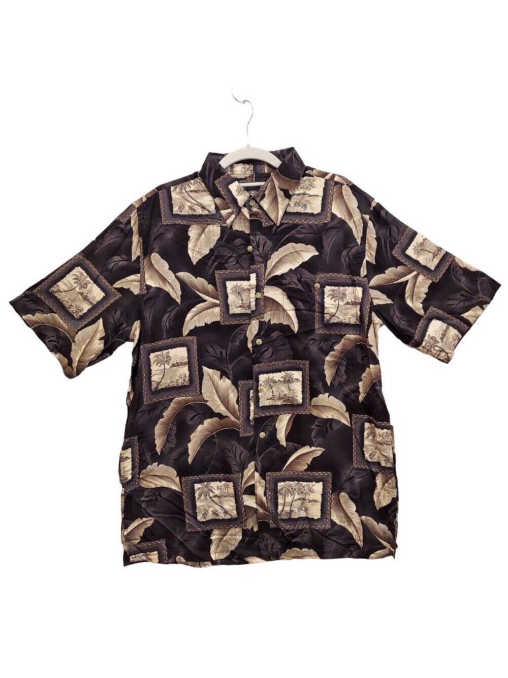 Croft & Barrow Mens M Black Grey Palm Hawaiian Button Up Short Sleeve Casual vac